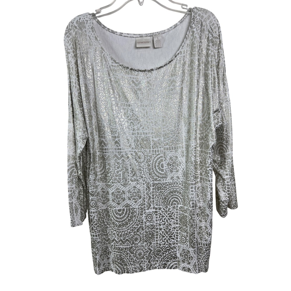 Chico's Tunic Top Women Size 1 White Silver Metallic Foil Geometric Boho F3